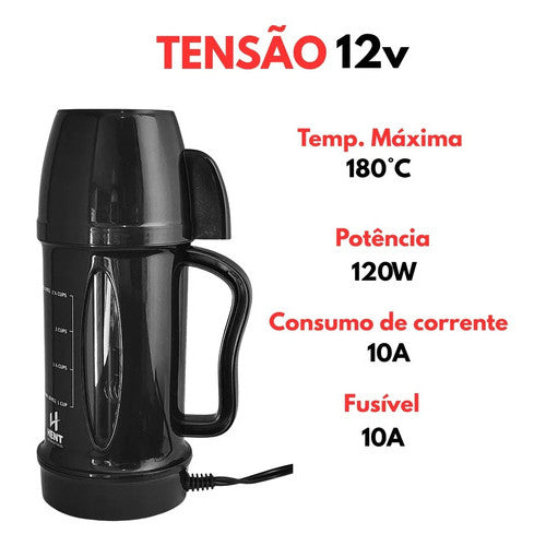 Chaleira Elétrica Automotivo 12v Portátil Motorhome Carro Preto 12v